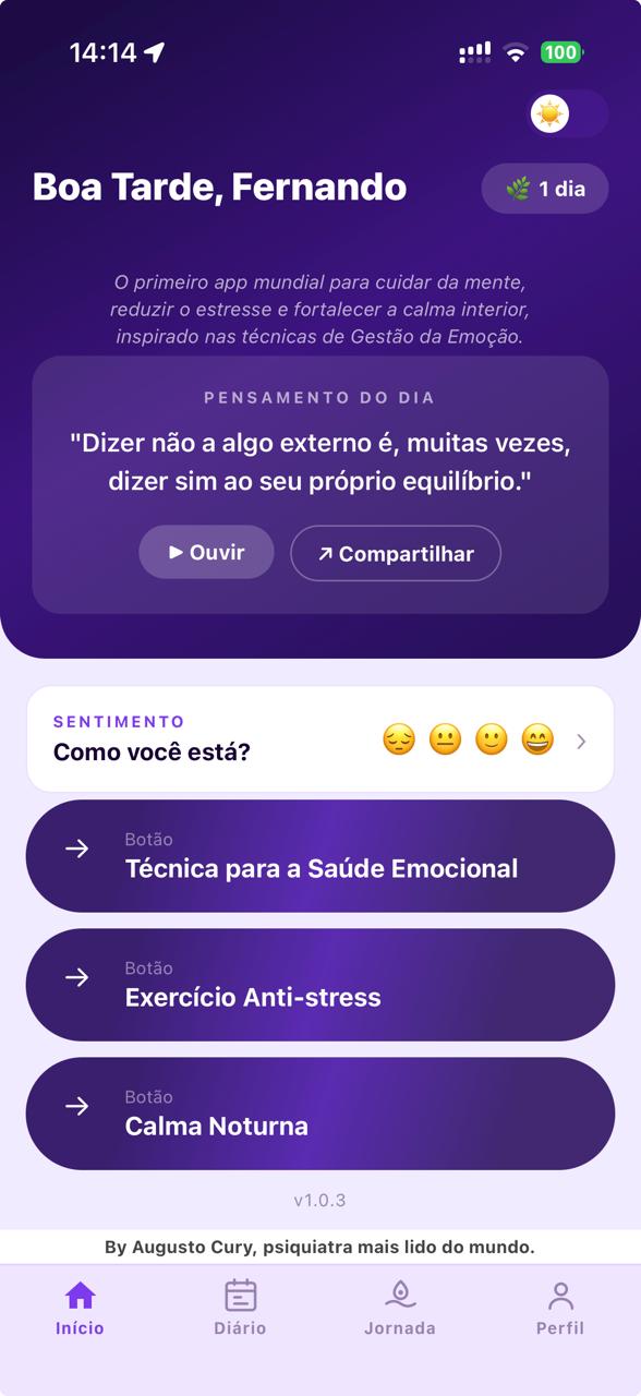Tela inicial do app SpotiCalm — Boa tarde, pensamento do dia e ferramentas diárias